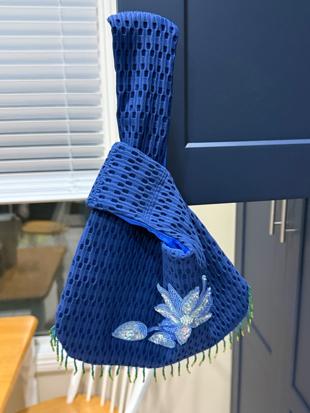 Handmade Blue Textured Knot Bag with Floral Sequin